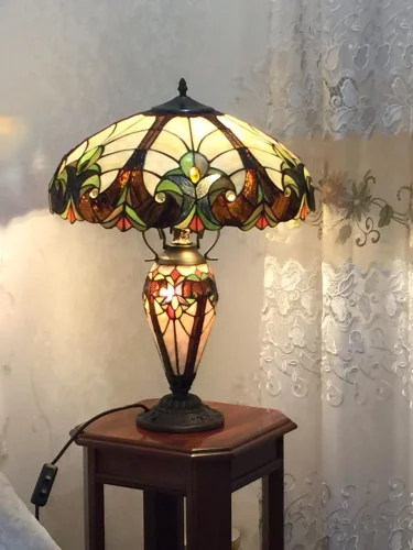 Настольная лампа Тиффани 815-804-03 Velante разноцветная 2 лампы, основание коричневое металл в стиле тиффани орнамент цветы фото 3